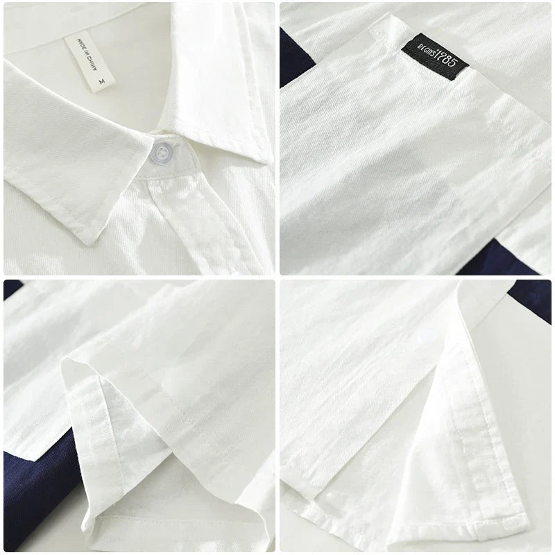 Men's 2025 Summer Patchwork Short Sleeve Shirt - Loose Fit Cotton Shirt